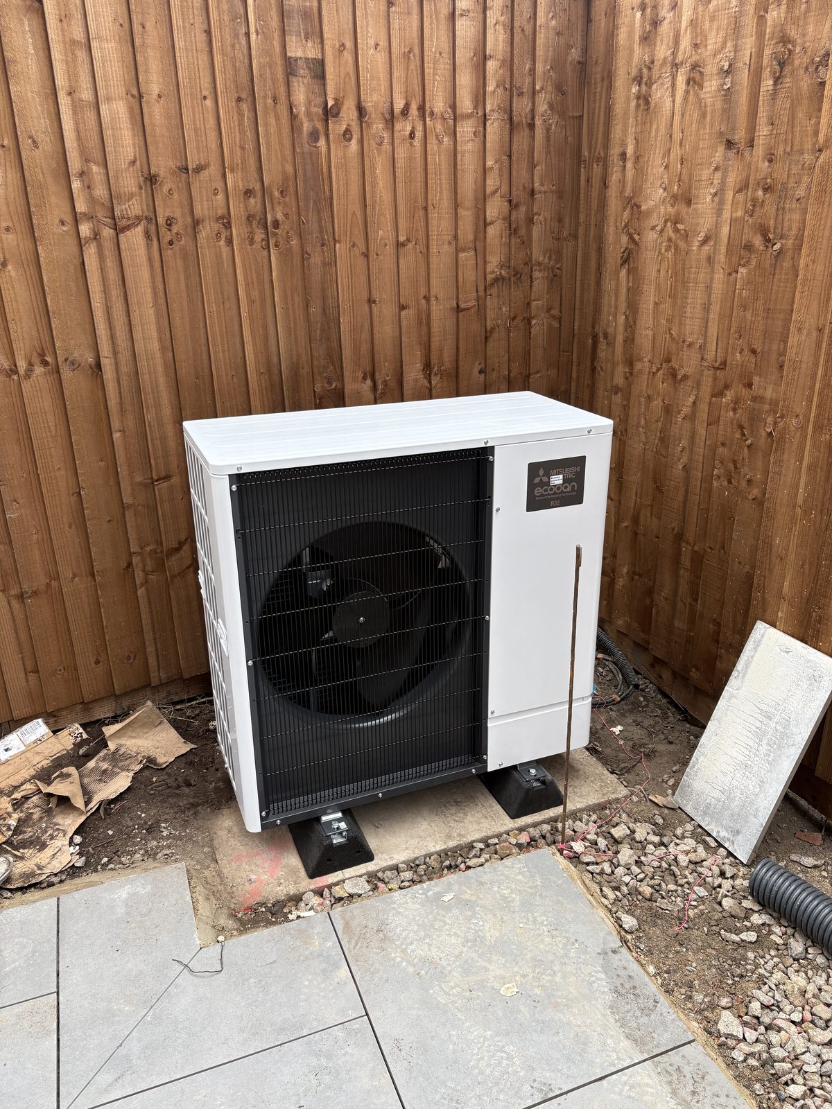 Ecodan heat pump outdoor unit mounted on anti-vibration feet by CMG